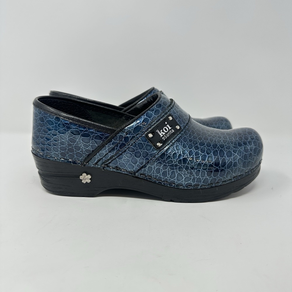 Koi Sanita Blue Black Leopard Patent Leather Nursing Professional Clogs Size 5.5